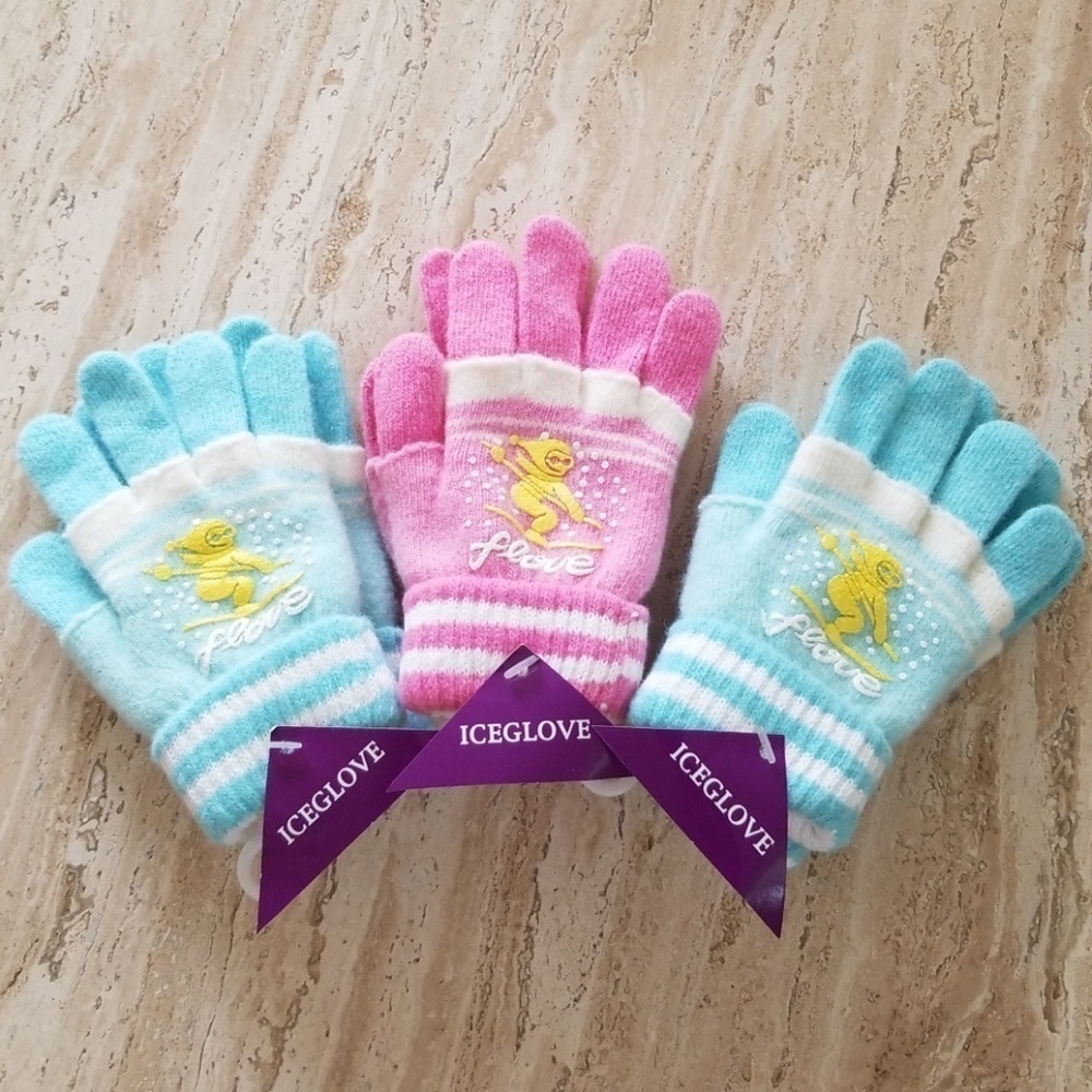 Set of 3 New Light Blue & Pink Combo Double Layered 2 in 1 Wool Blend Gloves